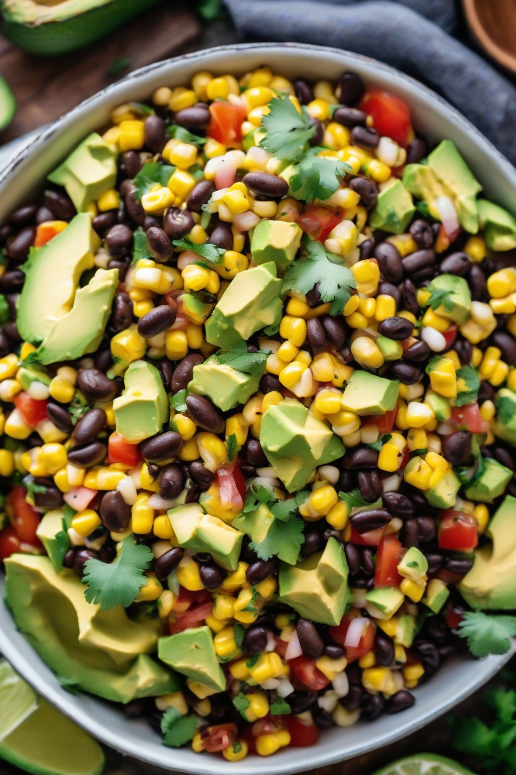 A high-resolution close-up photo of the vibrant southwest corn salad with black beans and avocado under soft lighting.