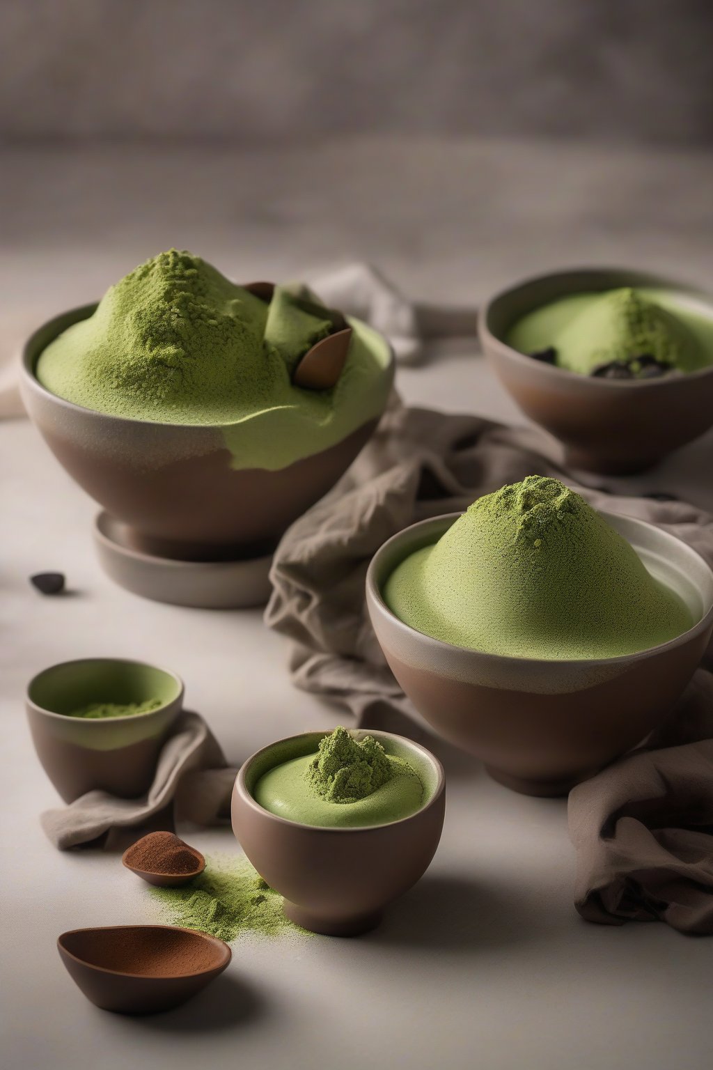 A high-resolution photo of matcha chocolate mousse dusted with green powder in modern bowls, under soft lighting.