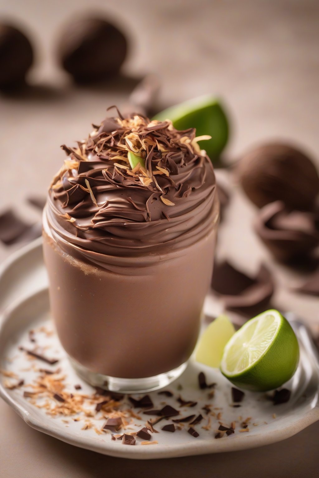 A high-resolution photo of coconut chocolate mousse with toasted shreds and lime zest, under soft lighting.