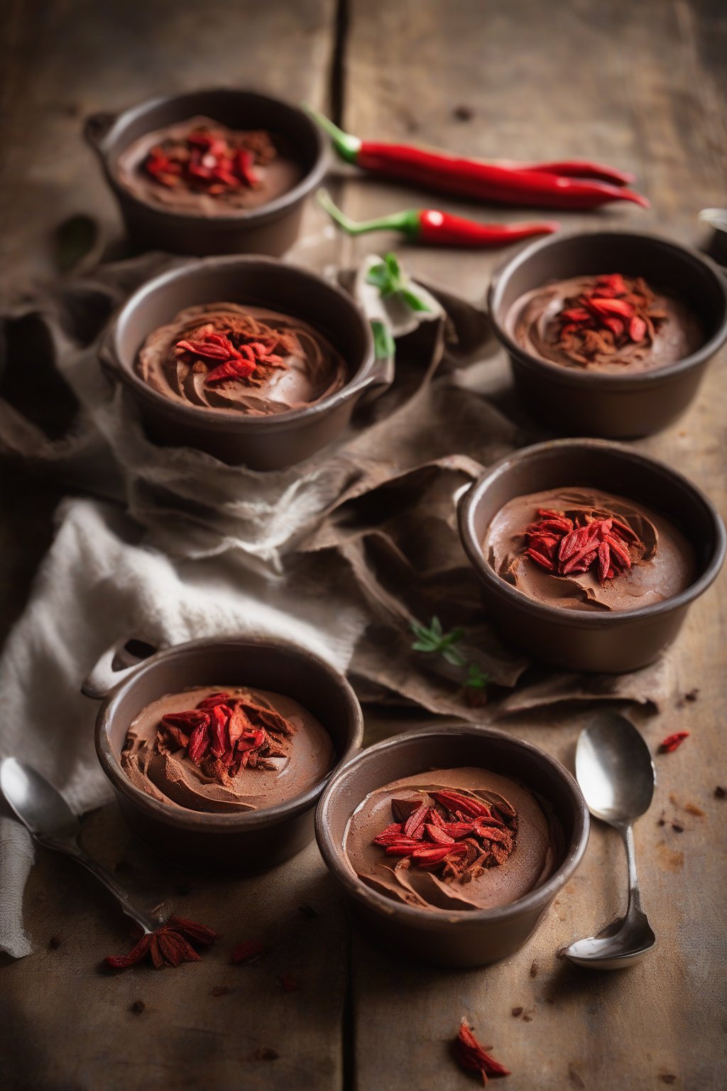 A high-resolution photo of chili chocolate mousse with red chili flake garnish in rustic ramekins, under soft lighting.