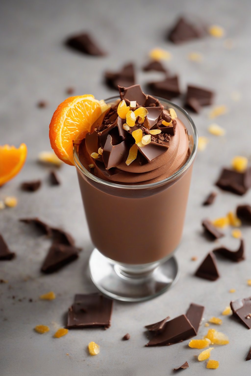 A high-resolution photo of orange zest chocolate mousse topped with candied peel segments, under soft lighting.