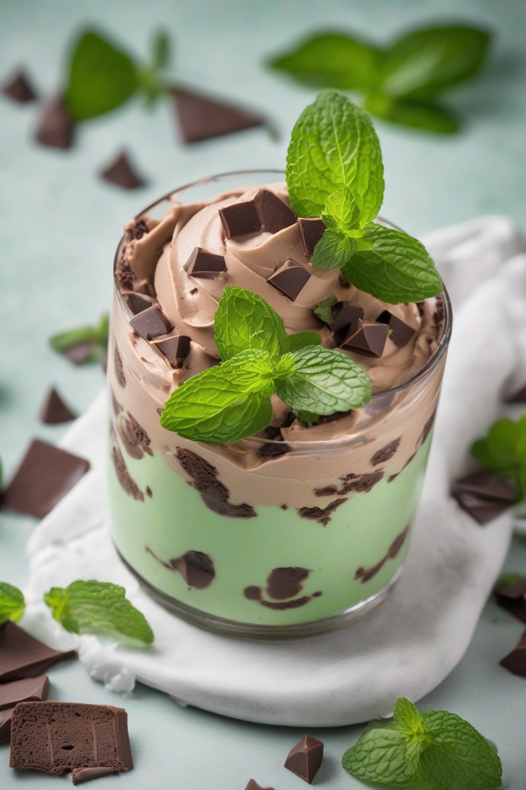 A high-resolution photo of mint chocolate chip mousse with fresh mint leaves and chips, under soft lighting.