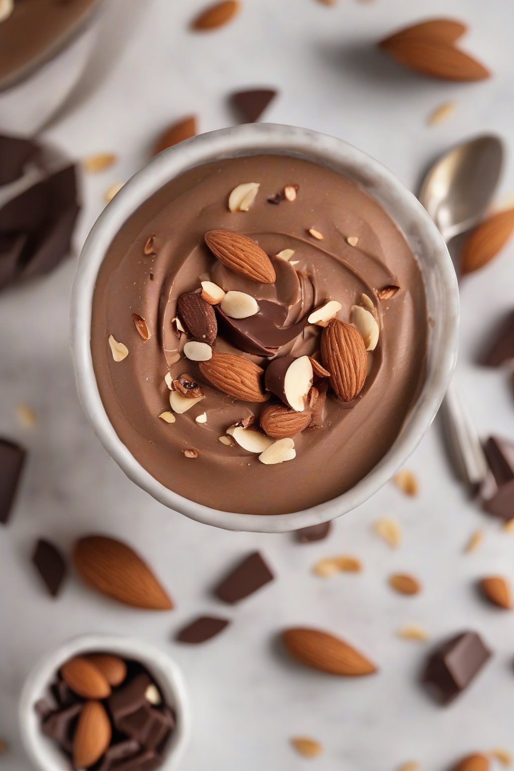 A high-resolution photo of almond chocolate mousse sprinkled with toasted almonds, under soft lighting.