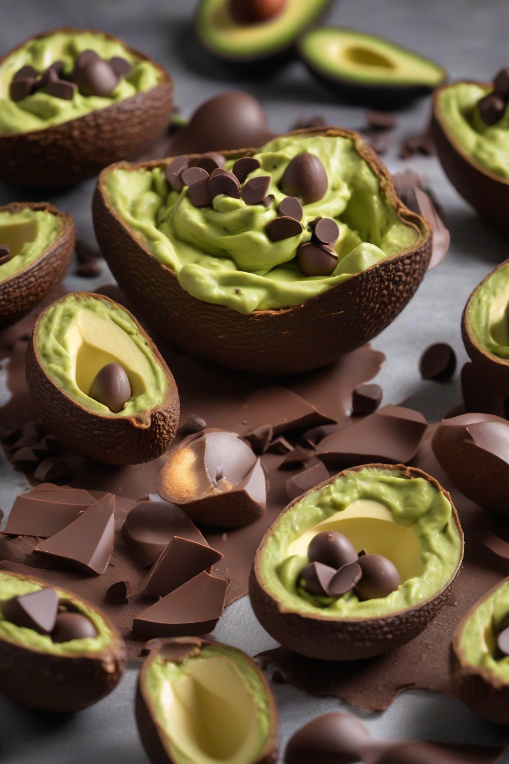 A high-resolution photo of smooth avocado chocolate mousse in avocado shells, under soft lighting.