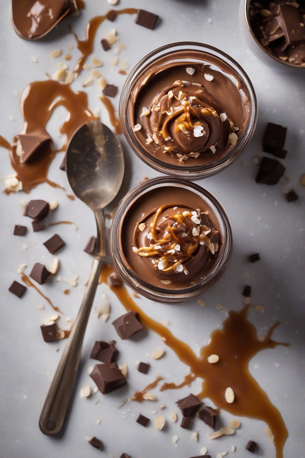 A high-resolution photo of salted caramel chocolate mousse with caramel drizzle and flakes, under soft lighting.