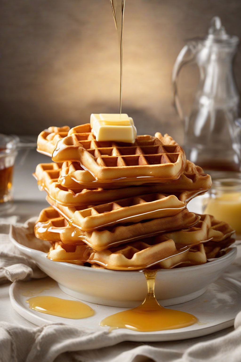 A high-resolution photo of golden classic buttermilk waffles stacked high with butter and syrup under soft lighting.