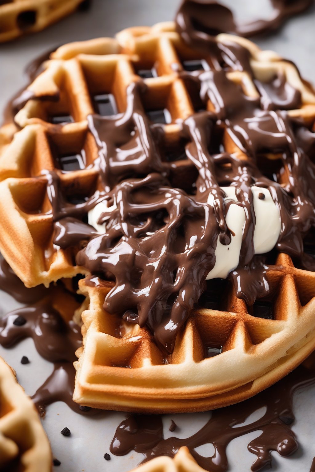 A high-resolution photo of fluffy chocolate chip waffles oozing melted chocolate under soft lighting.