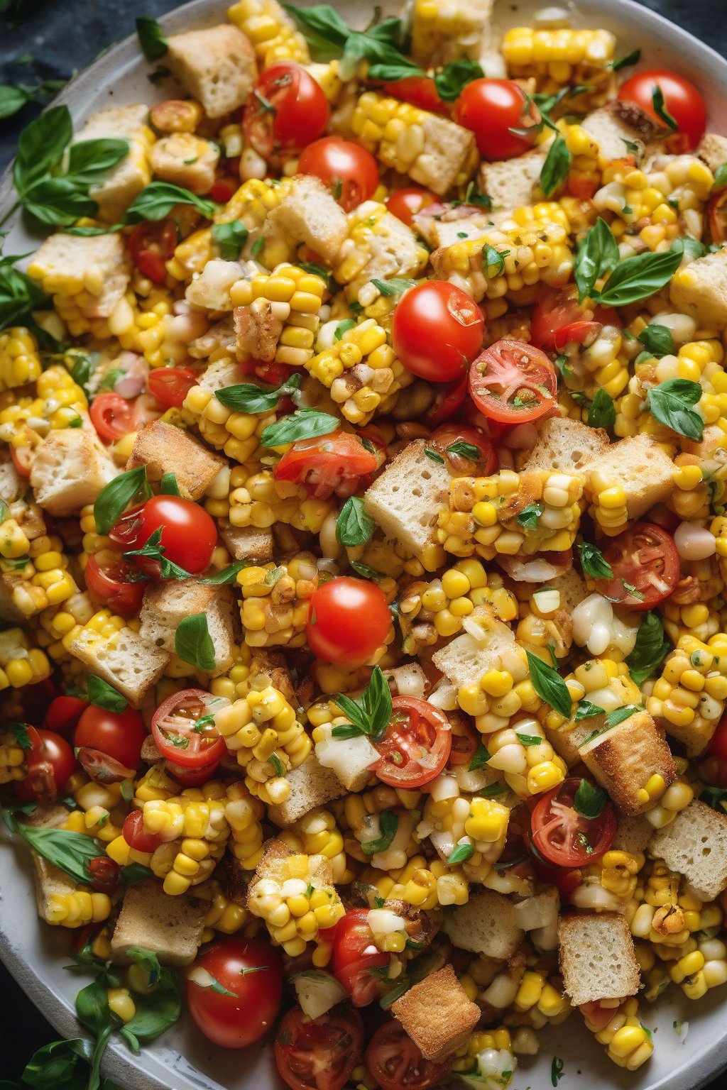 A high-resolution close-up photo of the rustic fresh corn panzanella with bread chunks and tomatoes under soft lighting.