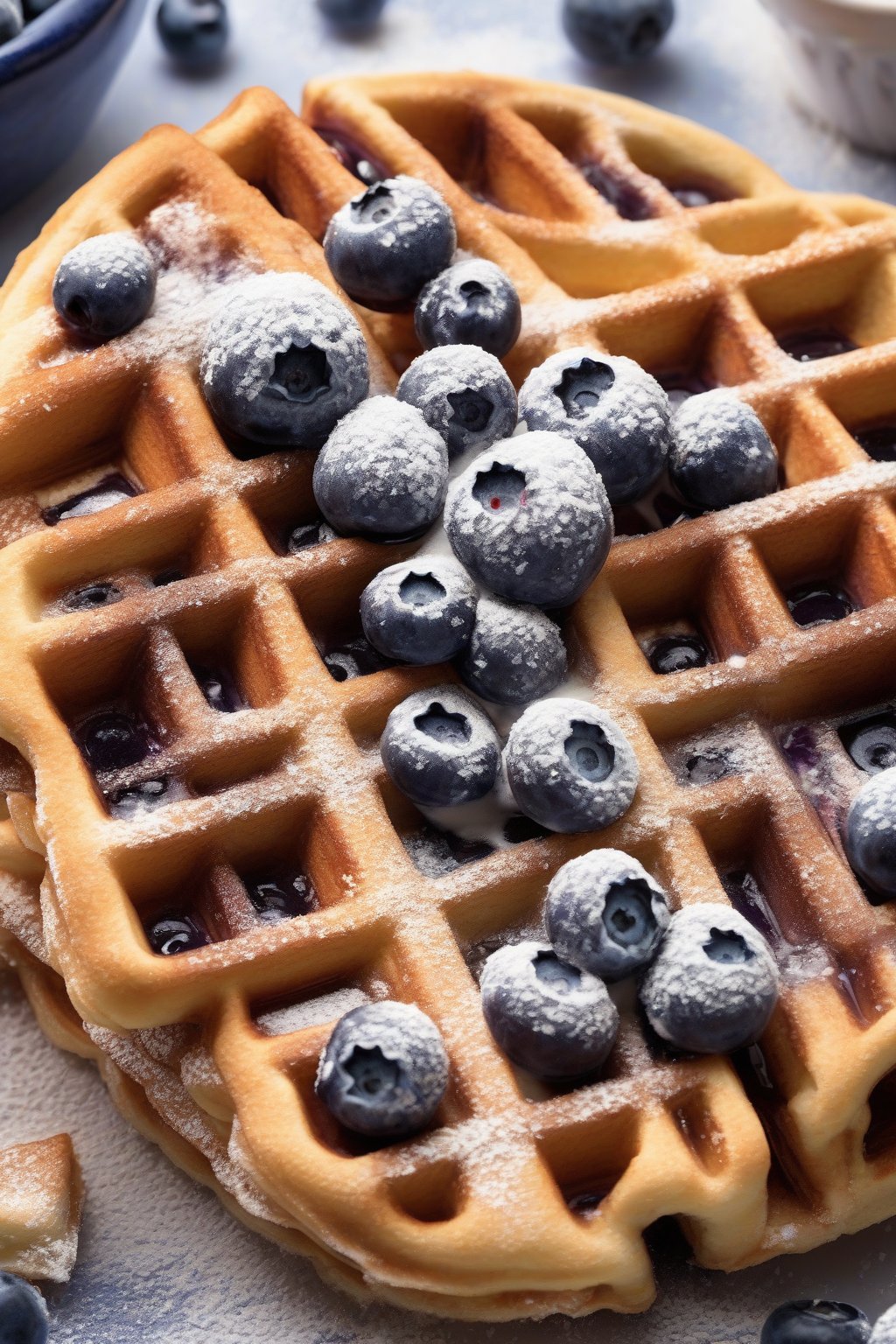 A high-resolution photo of blueberry-studded fluffy waffles topped with powdered sugar under soft lighting.