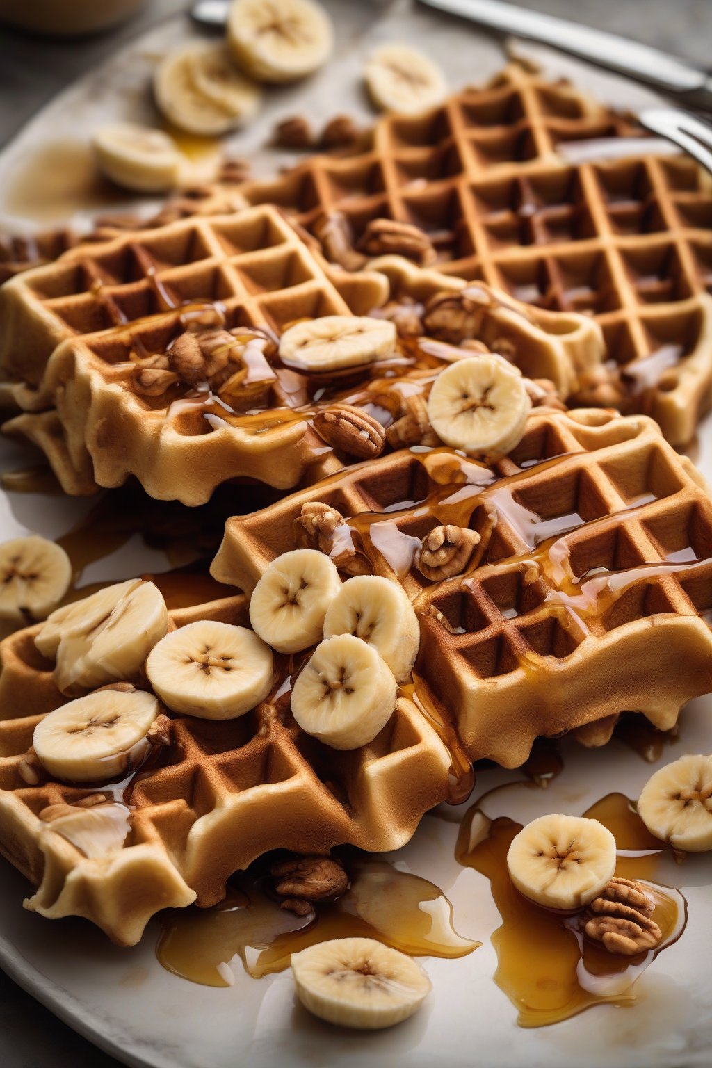 A high-resolution photo of banana nut waffles sliced to show texture, drizzled with honey under soft lighting.