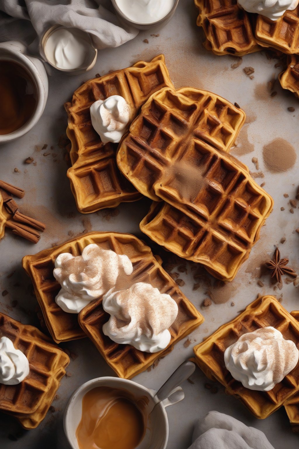A high-resolution photo of pumpkin spice waffles with whipped cream and cinnamon dust under soft lighting.