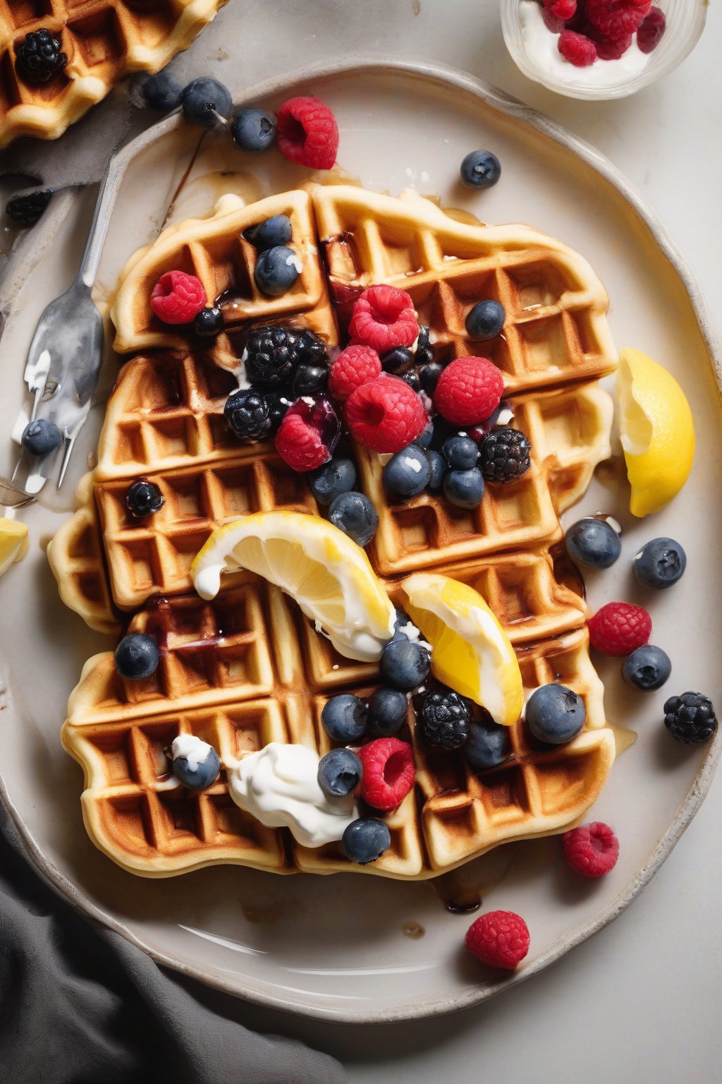 A high-resolution photo of lemon ricotta waffles garnished with berries and lemon zest under soft lighting.