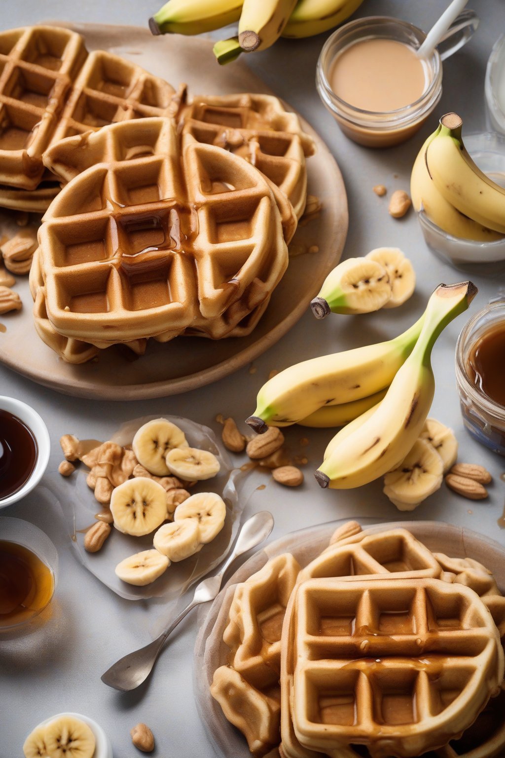 A high-resolution photo of peanut butter waffles with sliced bananas and syrup under soft lighting.