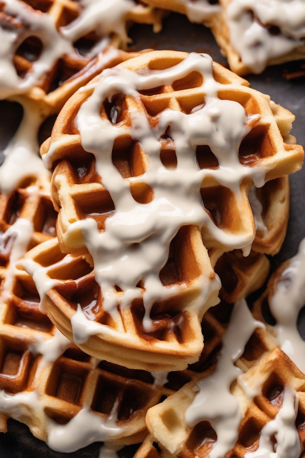 A high-resolution photo of cinnamon roll waffles glazed with cream cheese icing under soft lighting.
