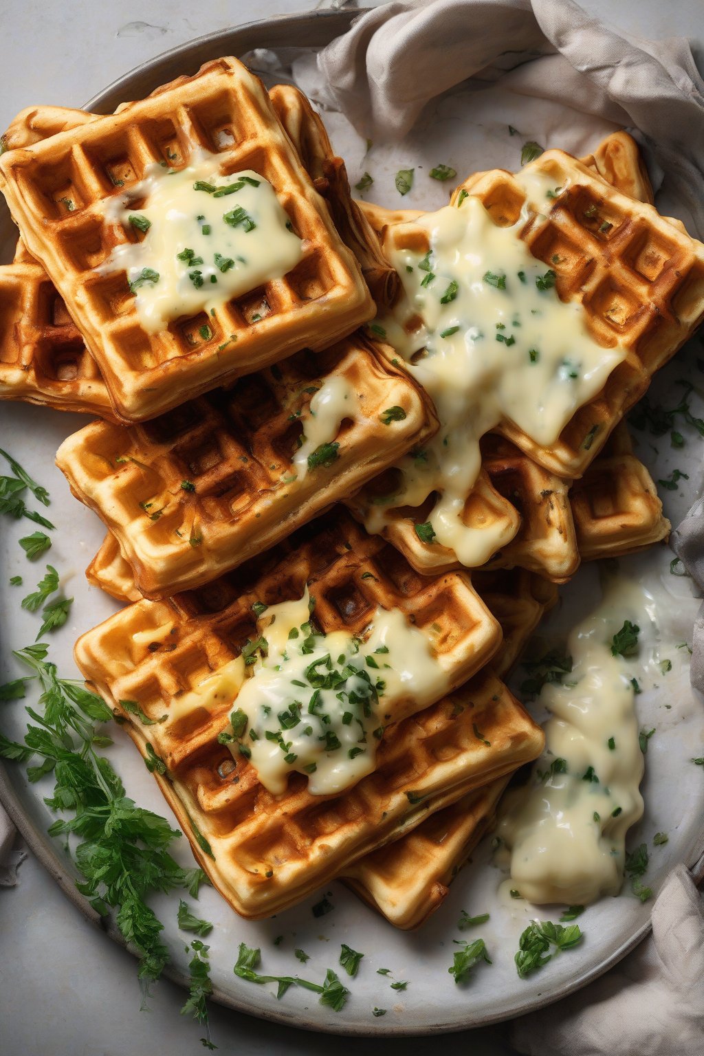A high-resolution photo of cheesy herb waffles with green flecks and melted cheese pull under soft lighting.
