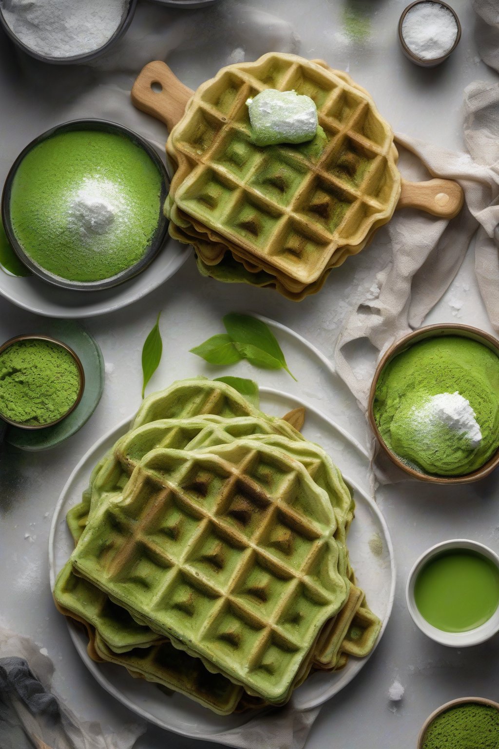 A high-resolution photo of vibrant green matcha waffles dusted with powdered sugar under soft lighting.