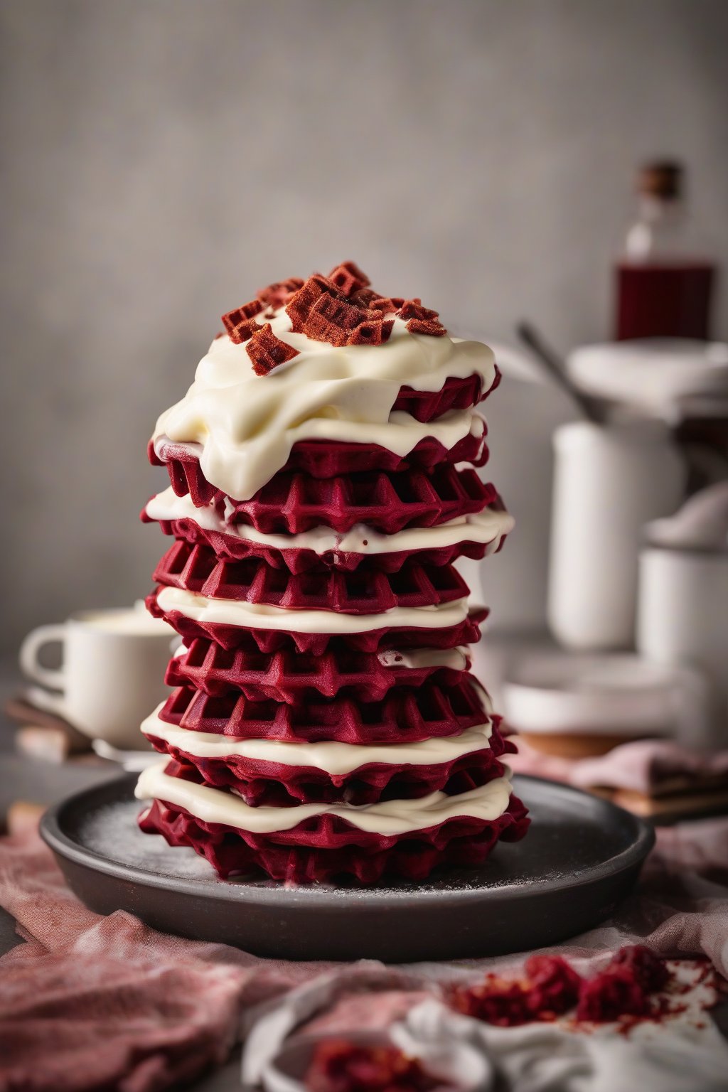 A high-resolution photo of red velvet waffles stacked with cream cheese frosting under soft lighting.