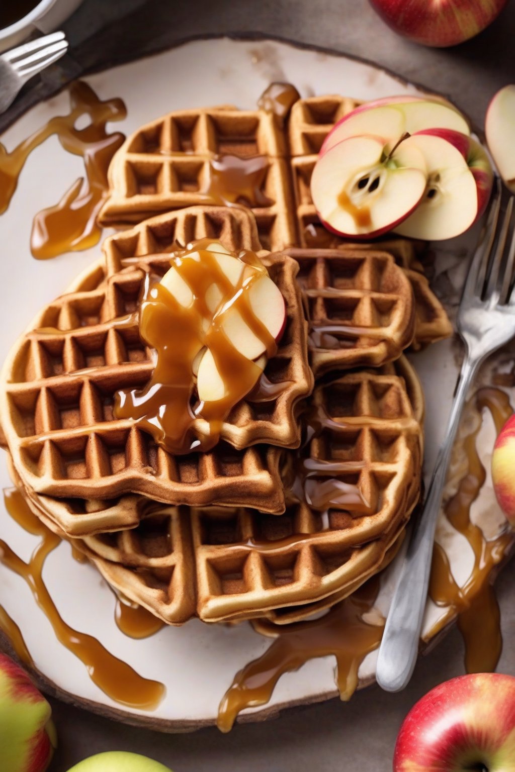 A high-resolution photo of apple cinnamon waffles with caramel drizzle and apple slices under soft lighting.