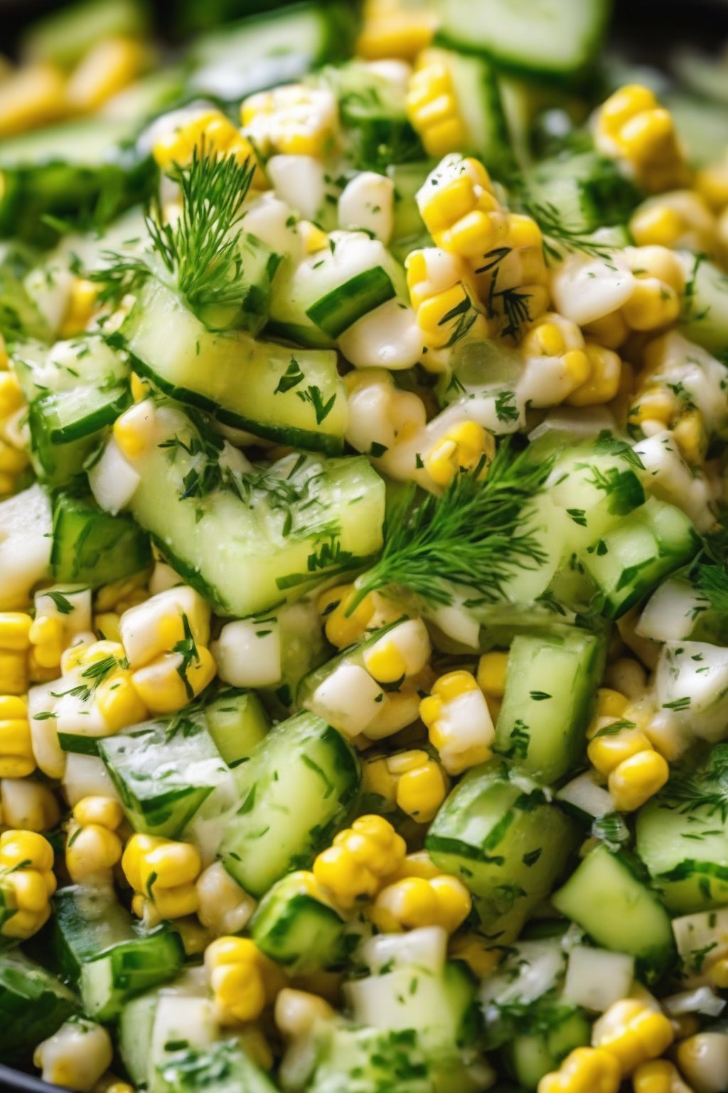 A high-resolution close-up photo of the crisp corn and cucumber salad garnished with dill under soft lighting.