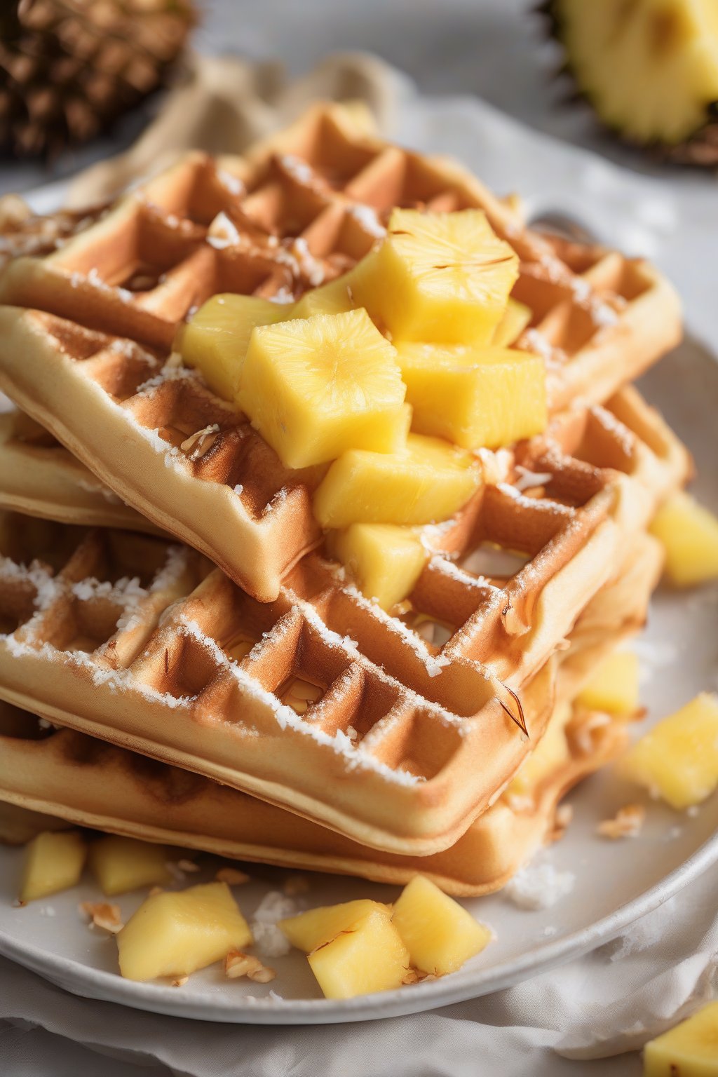A high-resolution photo of coconut waffles topped with pineapple and toasted coconut under soft lighting.