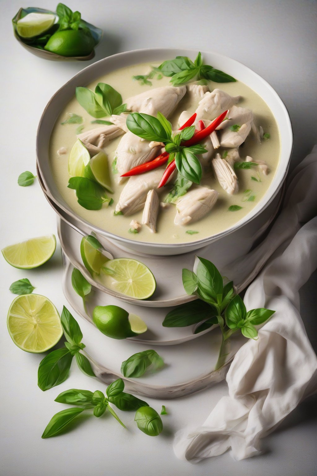 A high-resolution photo of steaming Thai green chicken curry with coconut milk, garnished with basil and lime wedges, in a white bowl under soft lighting.