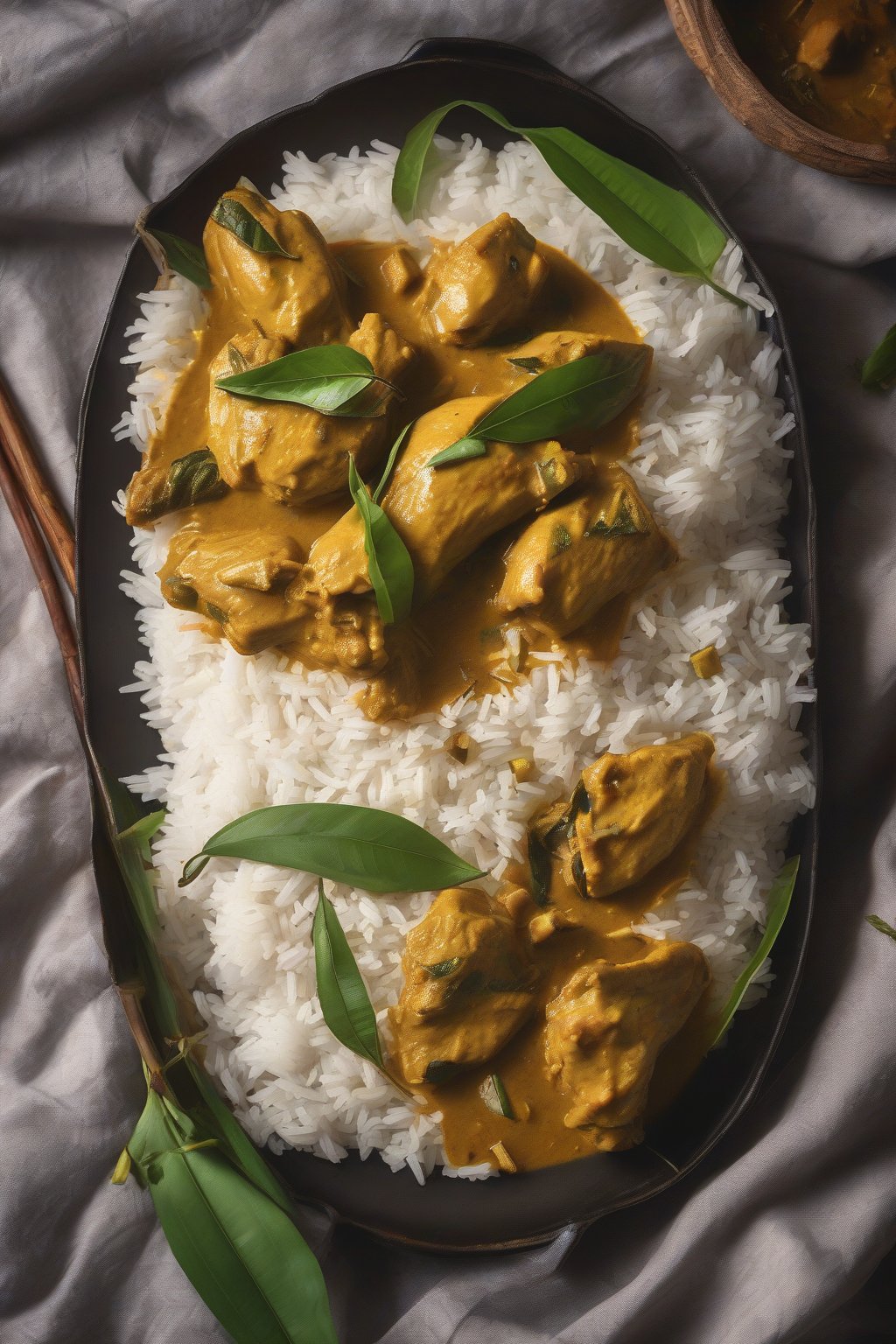 A high-resolution photo of Kerala coconut chicken curry with drumsticks and curry leaves, served over rice under soft lighting.