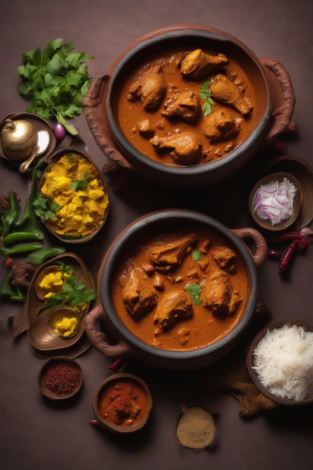 A high-resolution photo of Goan chicken Xacuti curry with coconut, featuring deep red gravy and spices, in a clay pot under soft lighting.