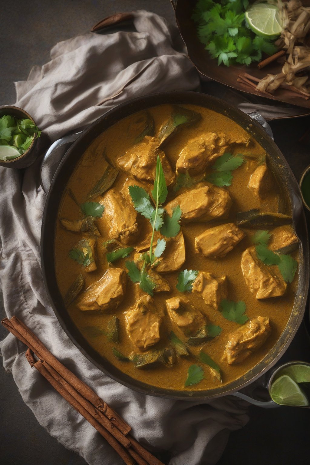 A high-resolution photo of Sri Lankan coconut chicken curry with pandan accents and cinnamon sticks, bubbling in a wok under soft lighting.