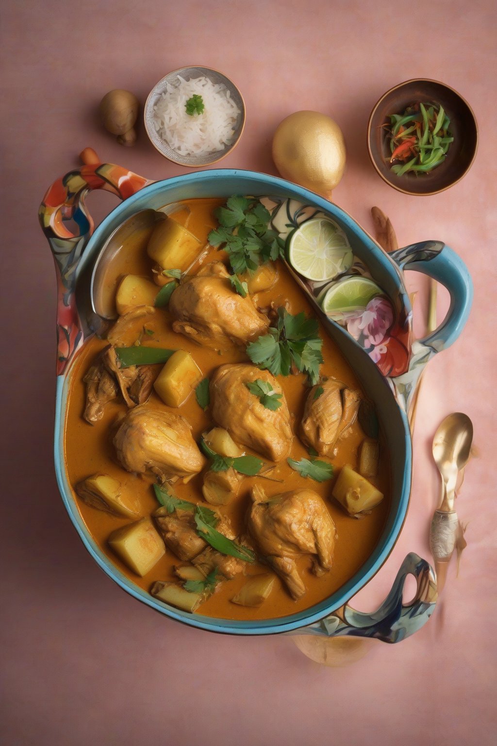 A high-resolution photo of Malaysian Nyonya chicken curry with coconut, potatoes, and lemongrass, in a vibrant bowl under soft lighting.