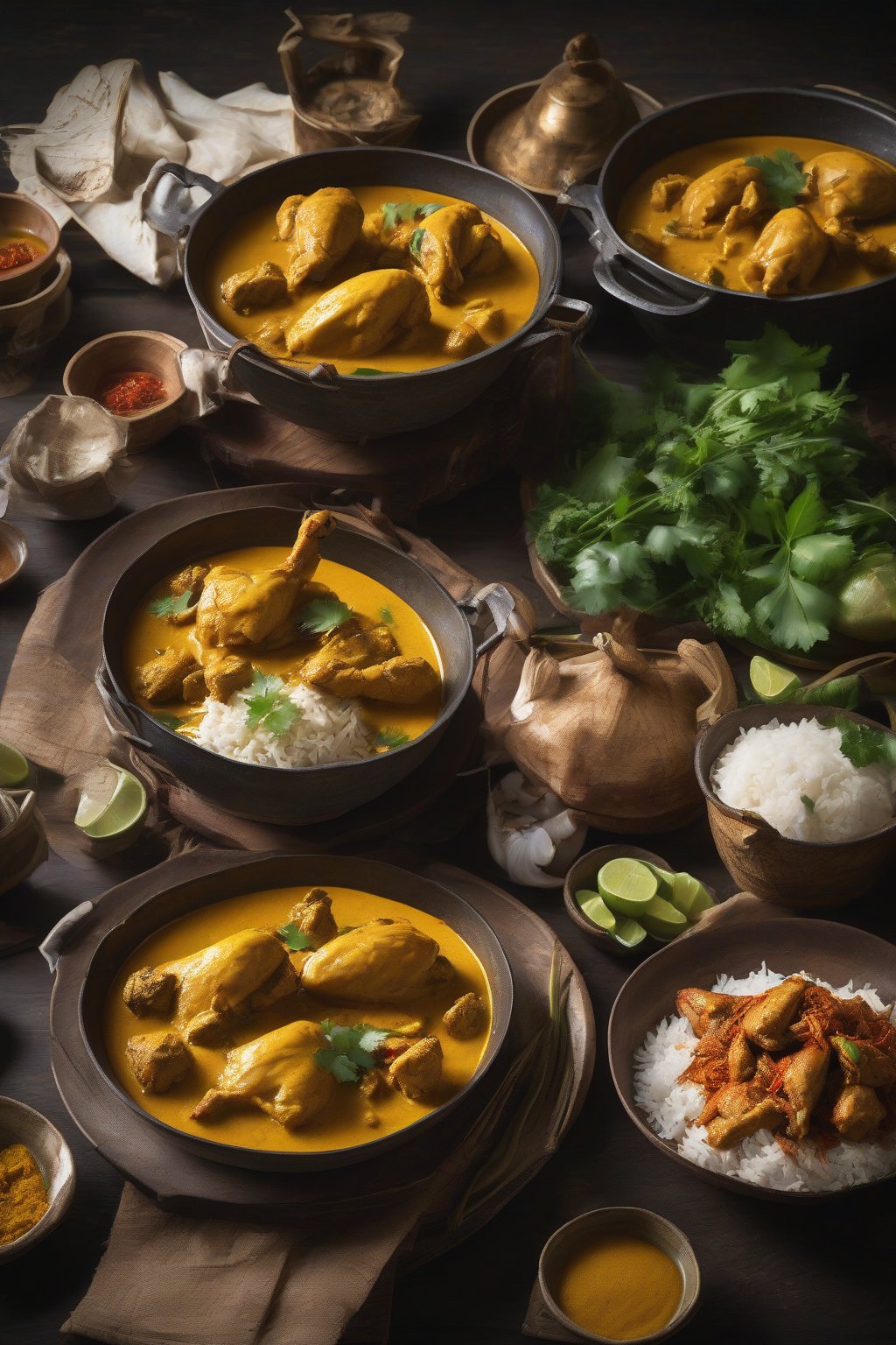 A high-resolution photo of Balinese chicken curry with coconut and golden turmeric gravy, wings piled high under soft lighting.