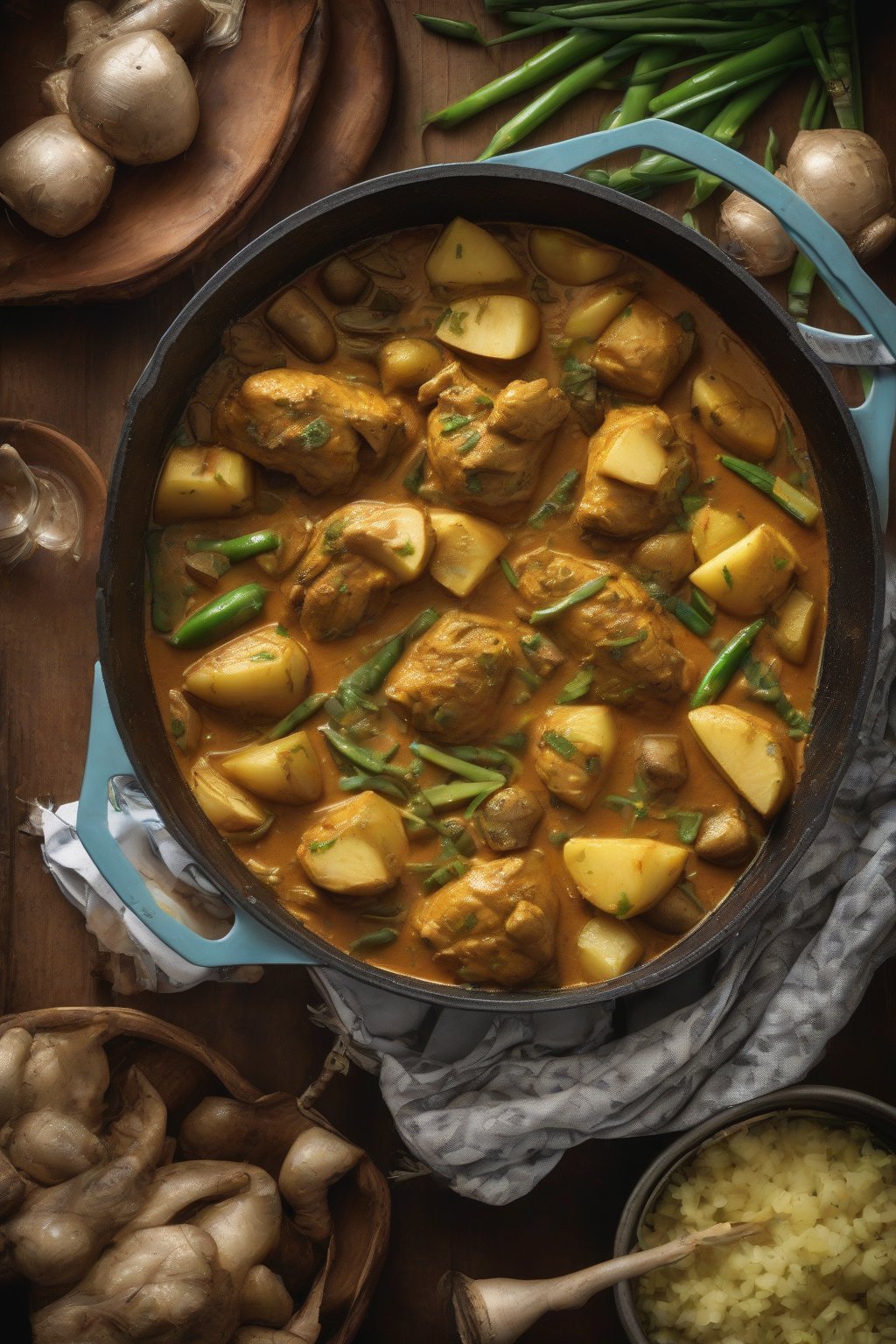 A high-resolution photo of Jamaican curry chicken with coconut milk, potatoes, and scallions, steaming in a Dutch oven under soft lighting.
