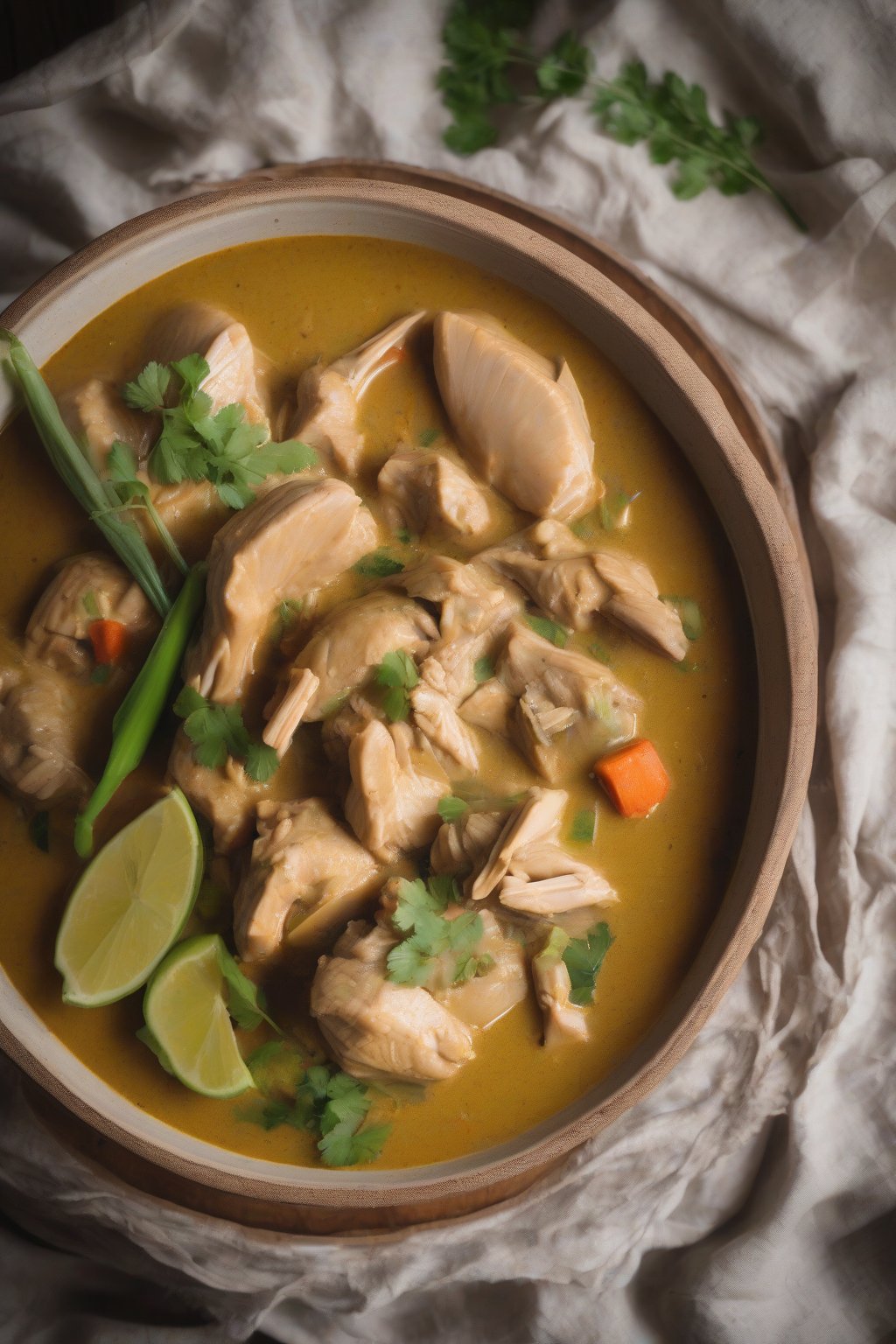 A high-resolution photo of Filipino ginataang manok coconut chicken curry with green papaya and ginger, in a rustic bowl under soft lighting.