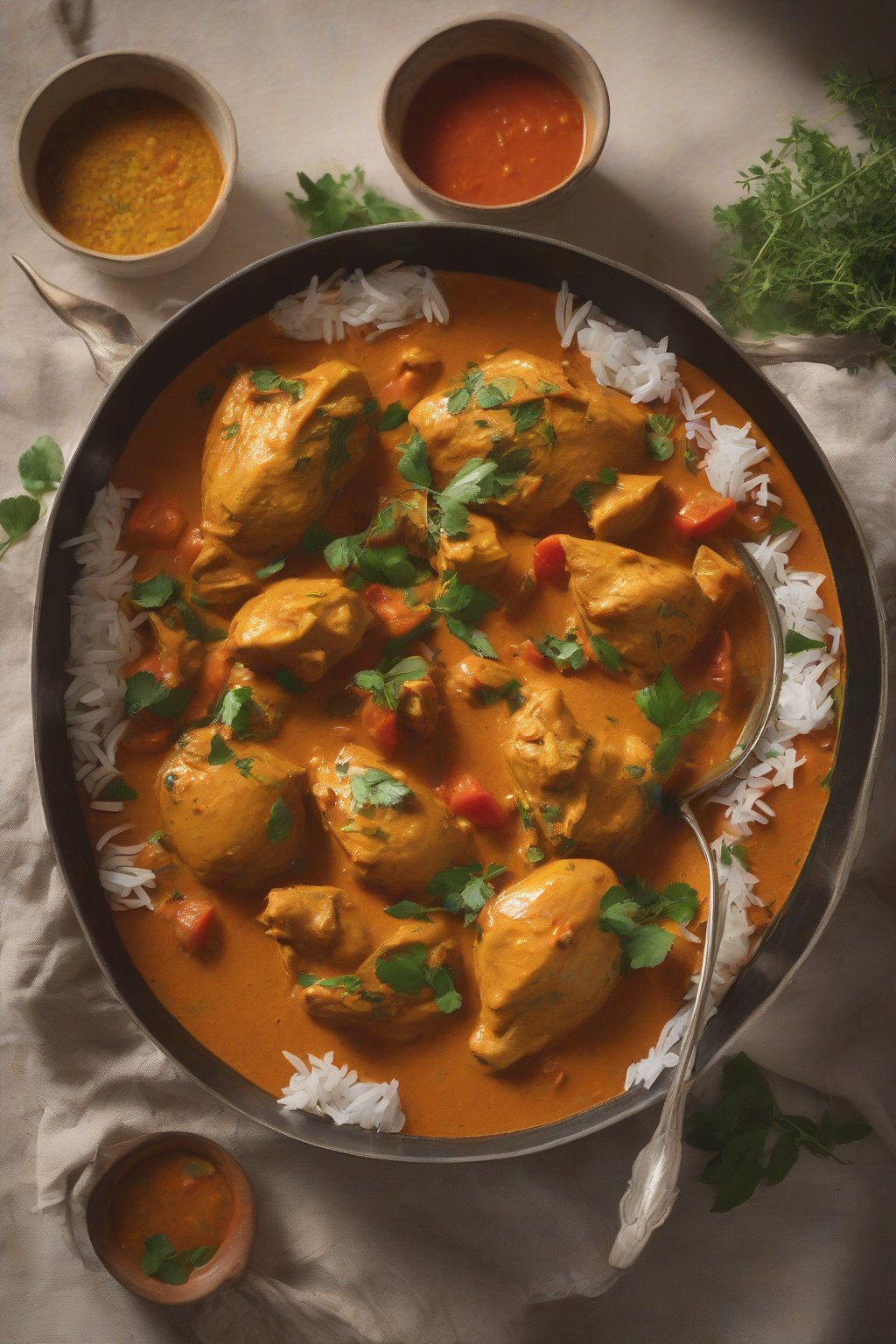 A high-resolution photo of Mauritian coconut chicken curry with thyme sprigs and tomato gravy, served family-style under soft lighting.