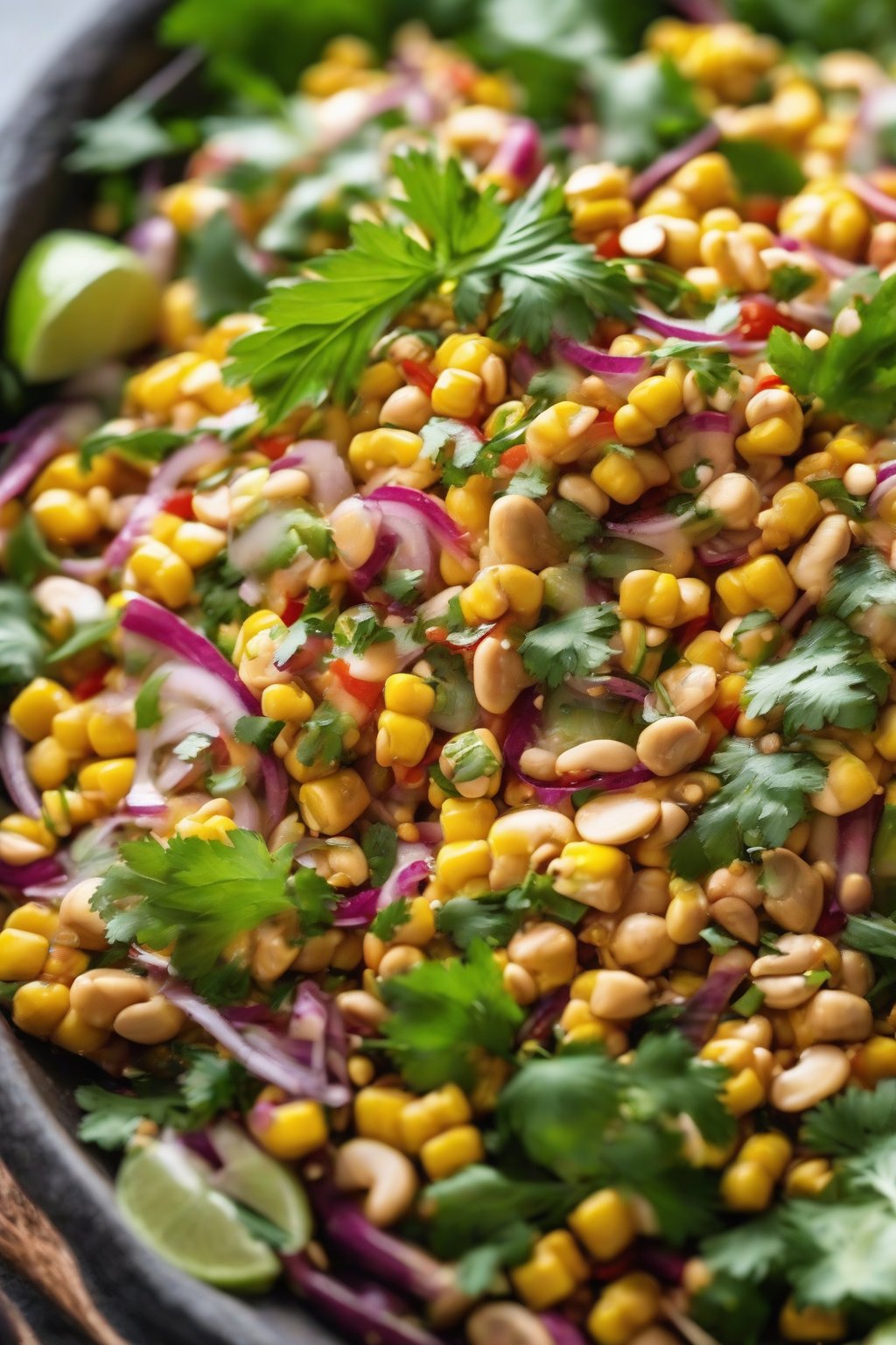 A high-resolution close-up photo of the spicy Thai corn salad with peanuts and herbs under soft lighting.
