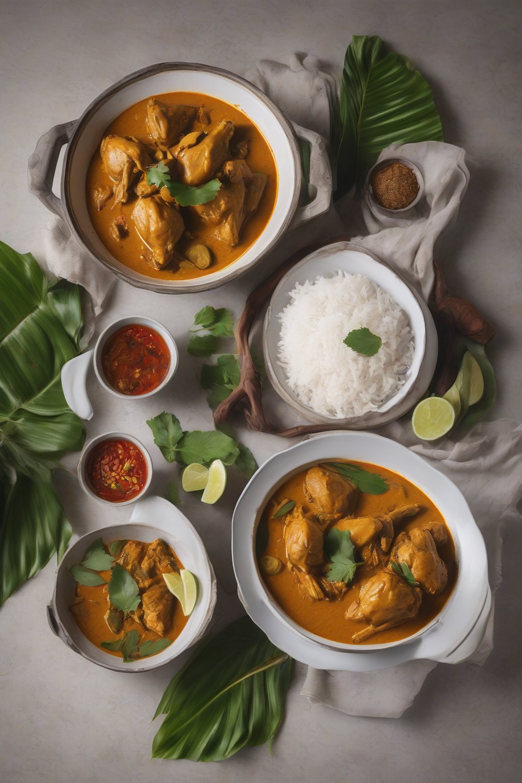 A high-resolution photo of Indonesian gulai ayam chicken curry with coconut, aromatic leaves visible, in a deep plate under soft lighting.