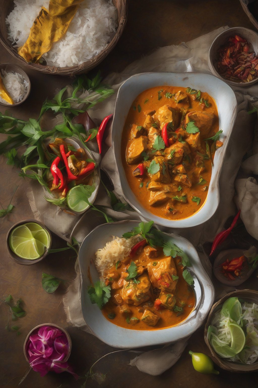 A high-resolution photo of Reunion Island coconut chicken curry alongside fresh rougail, vibrant colors under soft lighting.