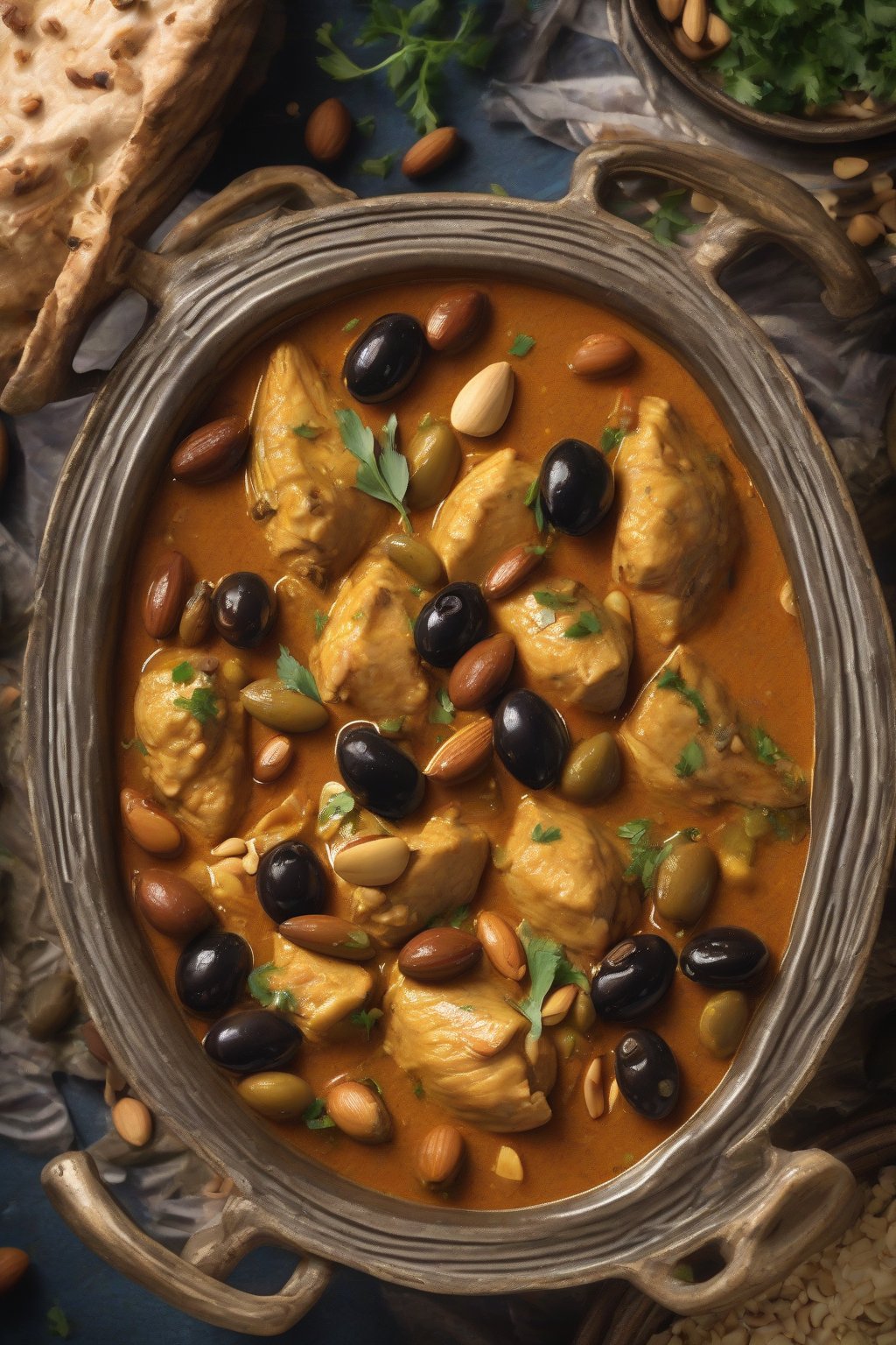 A high-resolution photo of Moroccan-style coconut chicken curry tagine with olives and almonds, in a conical tagine under soft lighting.