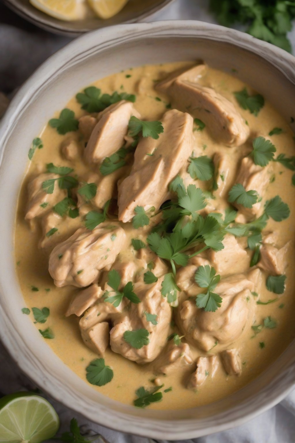 A high-resolution photo of lemongrass fusion coconut chicken korma, creamy with cilantro garnish, in an elegant bowl under soft lighting.