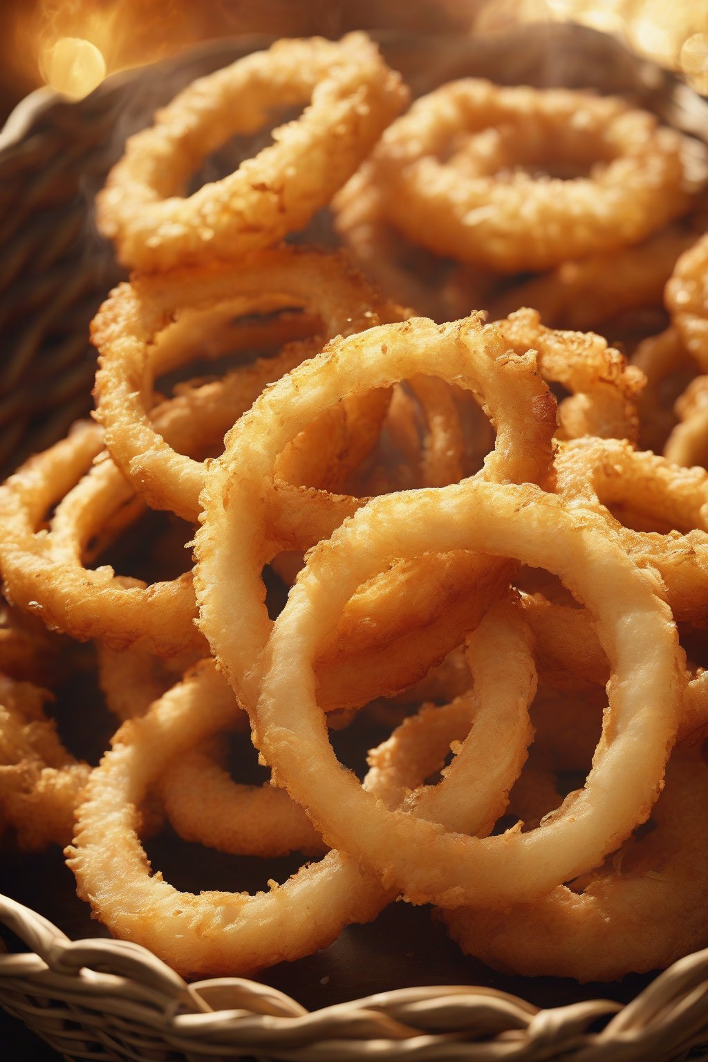 A high-resolution photo of golden crispy onion rings piled high in a basket, with steam rising, under soft lighting.