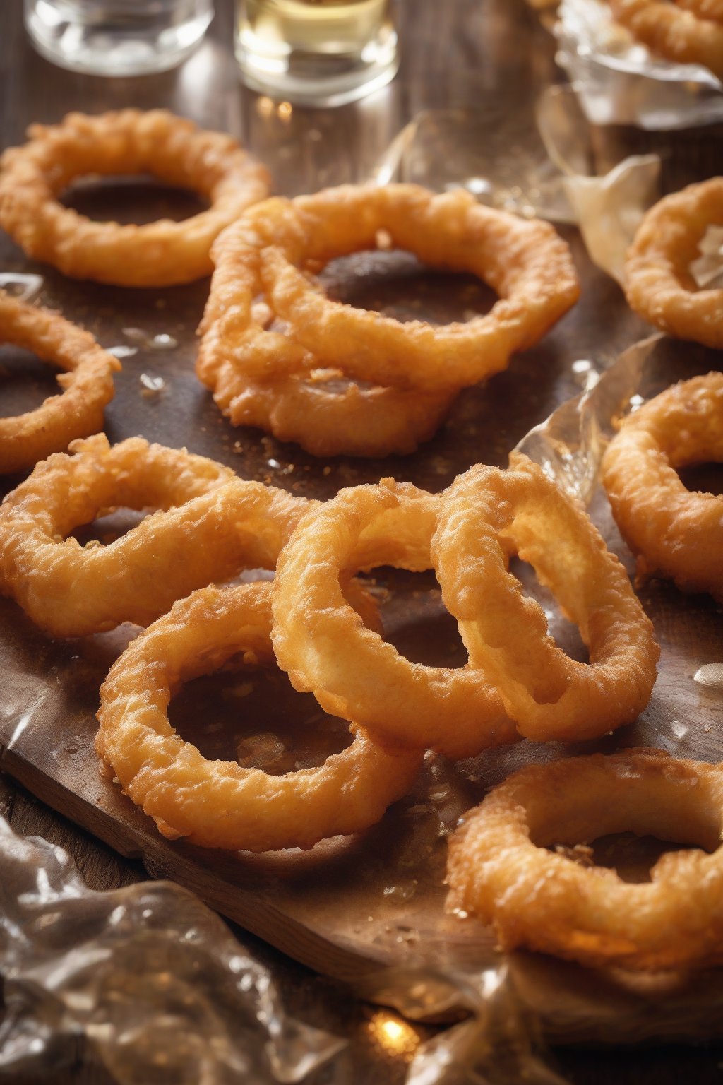 A high-resolution photo of beer-battered onion rings glistening with golden bubbles, served on a wooden board, under soft lighting.