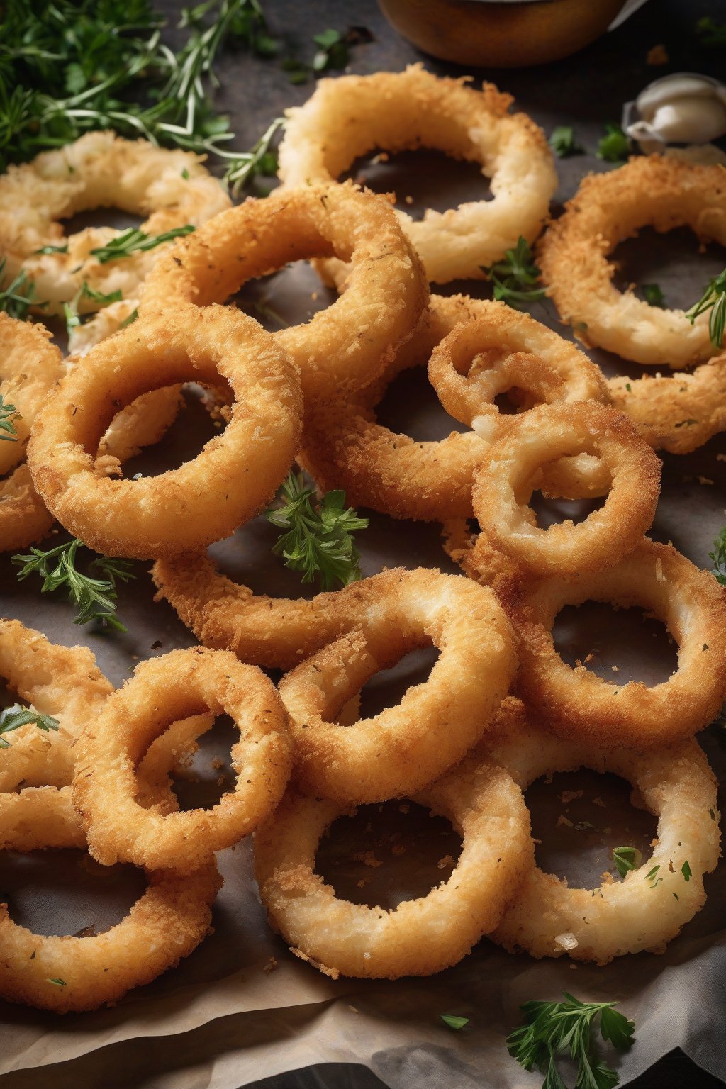 A high-resolution photo of panko-crusted onion rings with visible crunchy texture, garnished with herbs, under soft lighting.