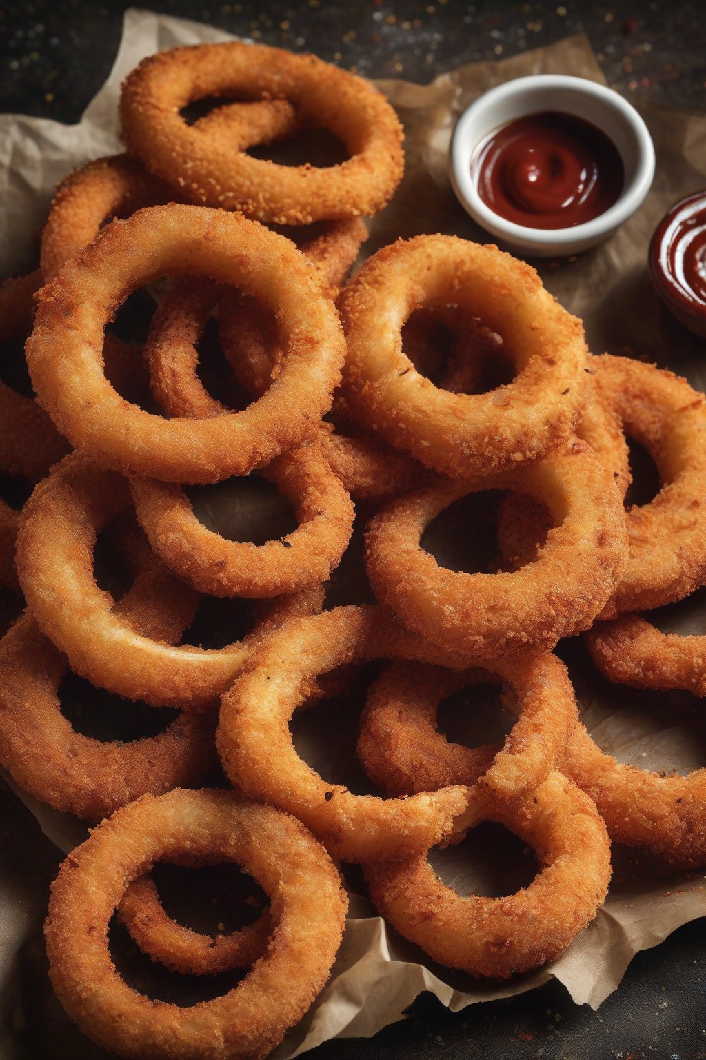 A high-resolution photo of spicy Cajun onion rings dusted with red seasoning, alongside a dipping sauce, under soft lighting.