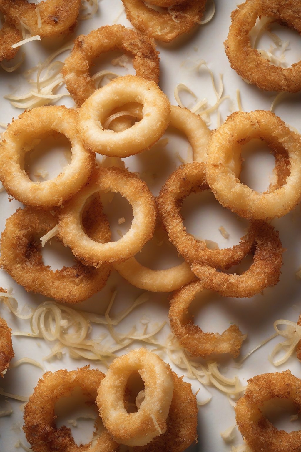 A high-resolution photo of truffle Parmesan onion rings with shavings on top, elegantly plated, under soft lighting.