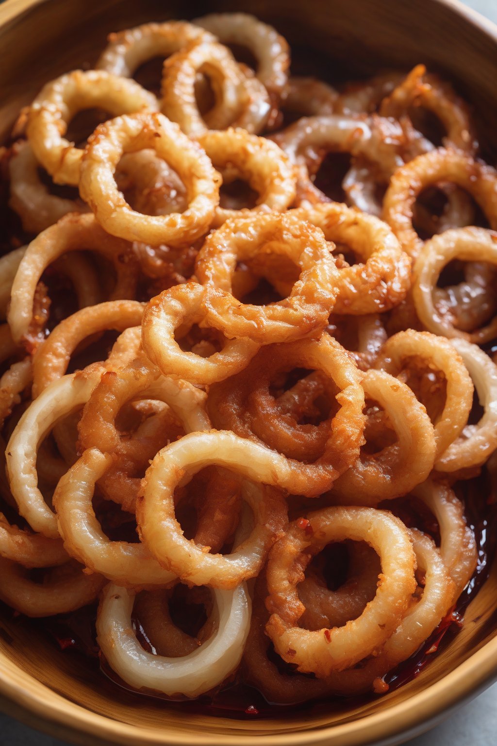 A high-resolution photo of sweet chili onion rings with glossy glaze dripping, in a bamboo bowl, under soft lighting.
