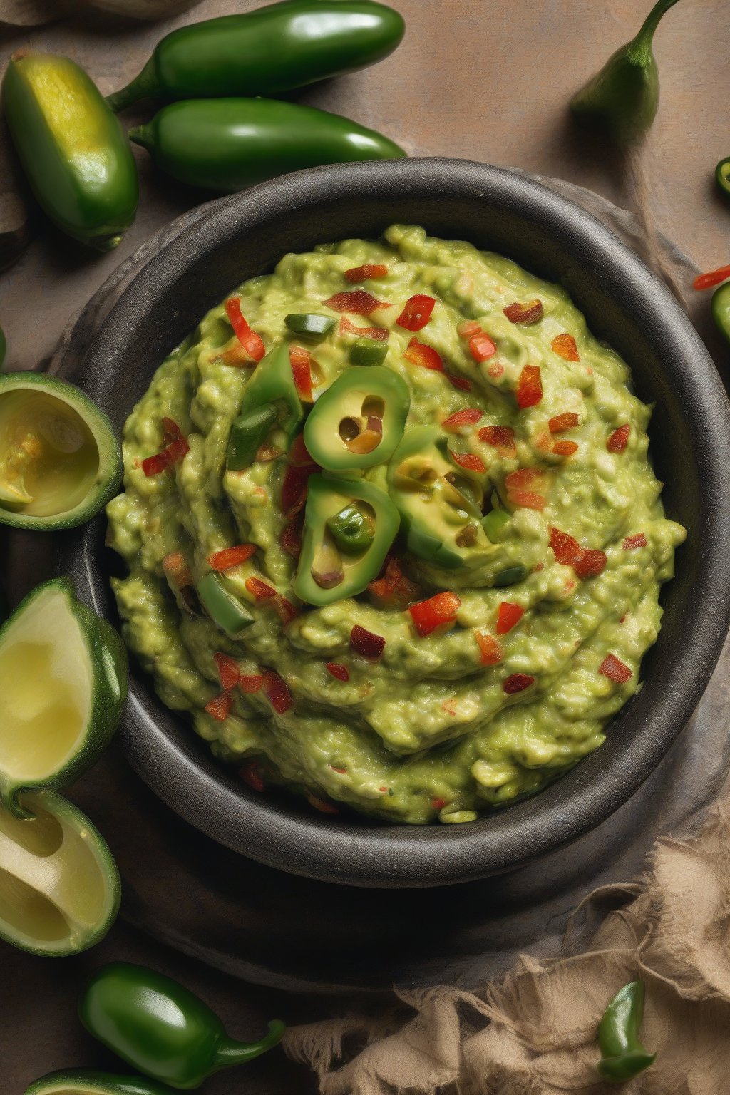 A high-resolution photo of fiery jalapeño guacamole with visible green flecks and jalapeño slices on top, served in a stoneware dish, under soft lighting.