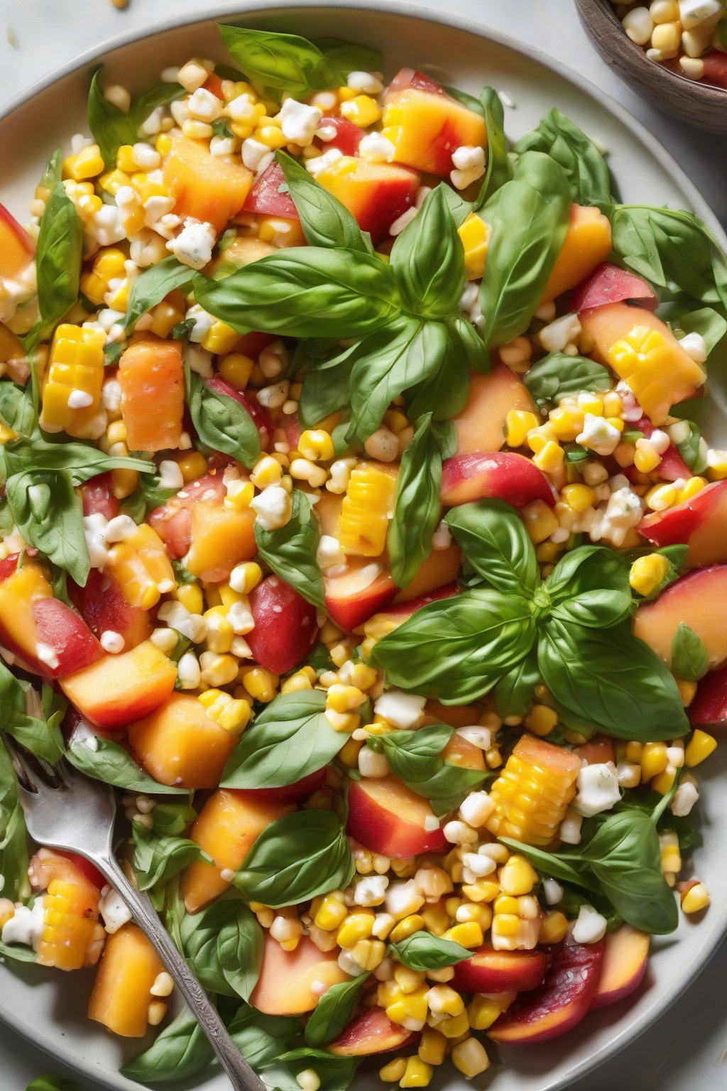 A high-resolution close-up photo of the summery corn, peach, and basil salad with juicy slices under soft lighting.