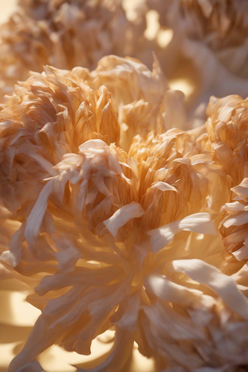 A high-resolution photo of a blooming onion ring cluster, petals fanned out golden, under soft lighting.