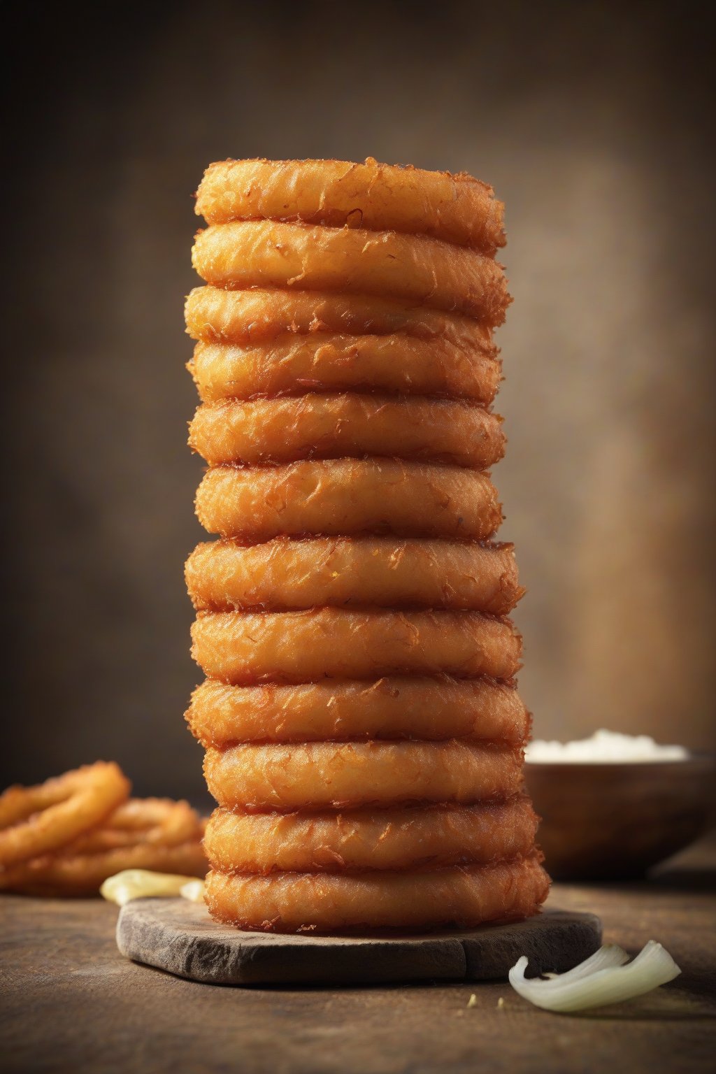 A high-resolution photo of gluten-free onion rings stacked neatly, with a rustic backdrop, under soft lighting.