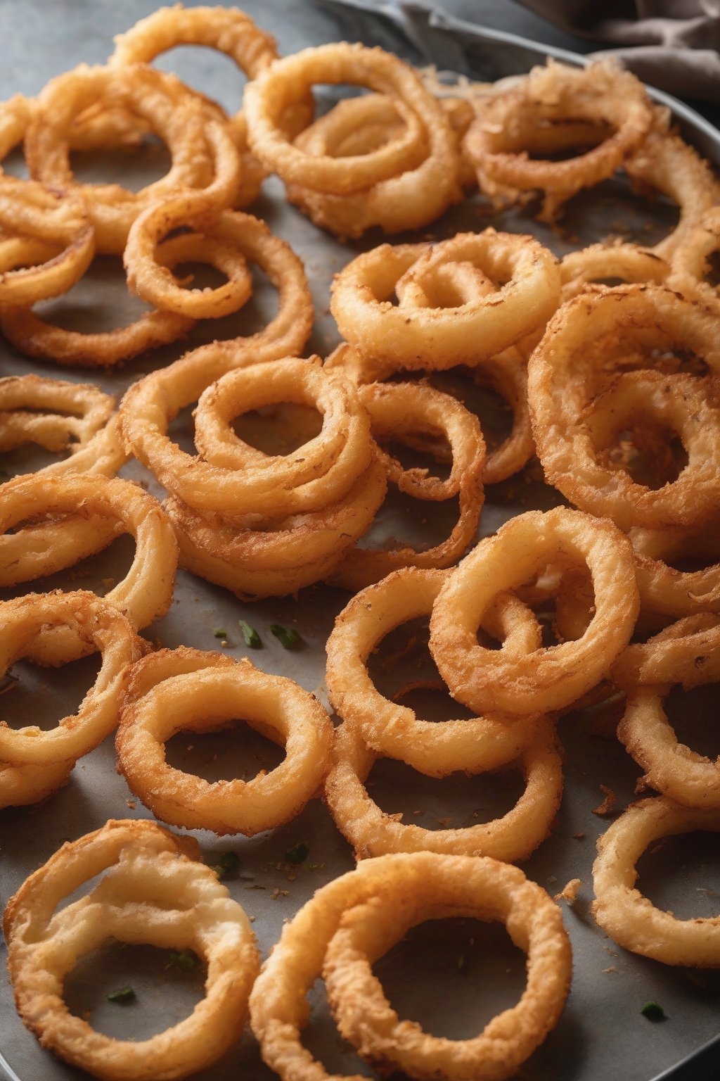 A high-resolution photo of air-fried onion rings with light golden hue, on an air fryer tray, under soft lighting.