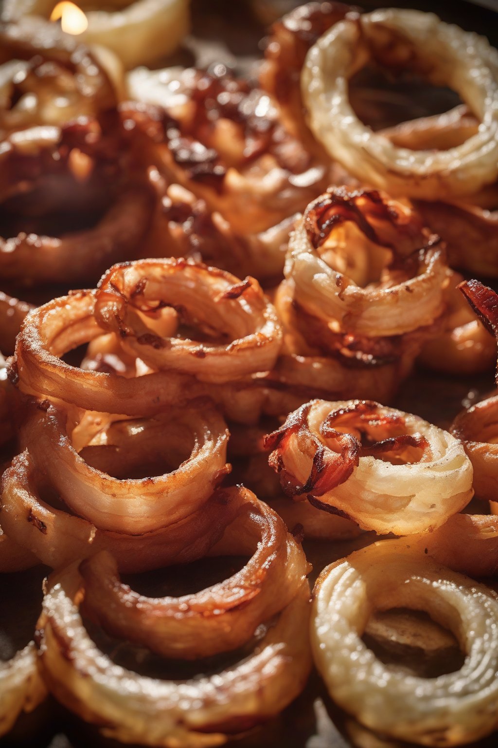 A high-resolution photo of bacon-wrapped onion rings sizzling golden, with smoky wisps, under soft lighting.